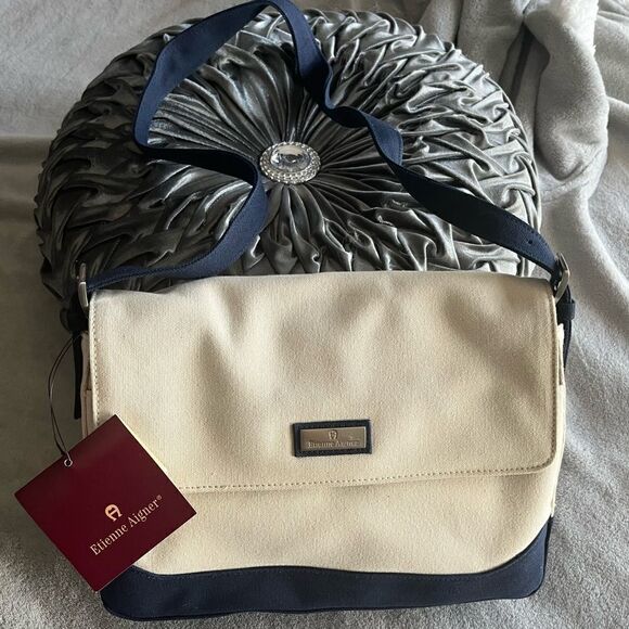 Etienne Aigner Fanvy Navy & Off-white Canvas Shoulder Handbag - Picture 1 of 11